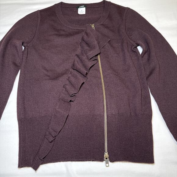 J Crew Womens Size XS Brown Merino Wool Ruffle Moto Sweater Zip Up Crewneck NWOT - Picture 3 of 14